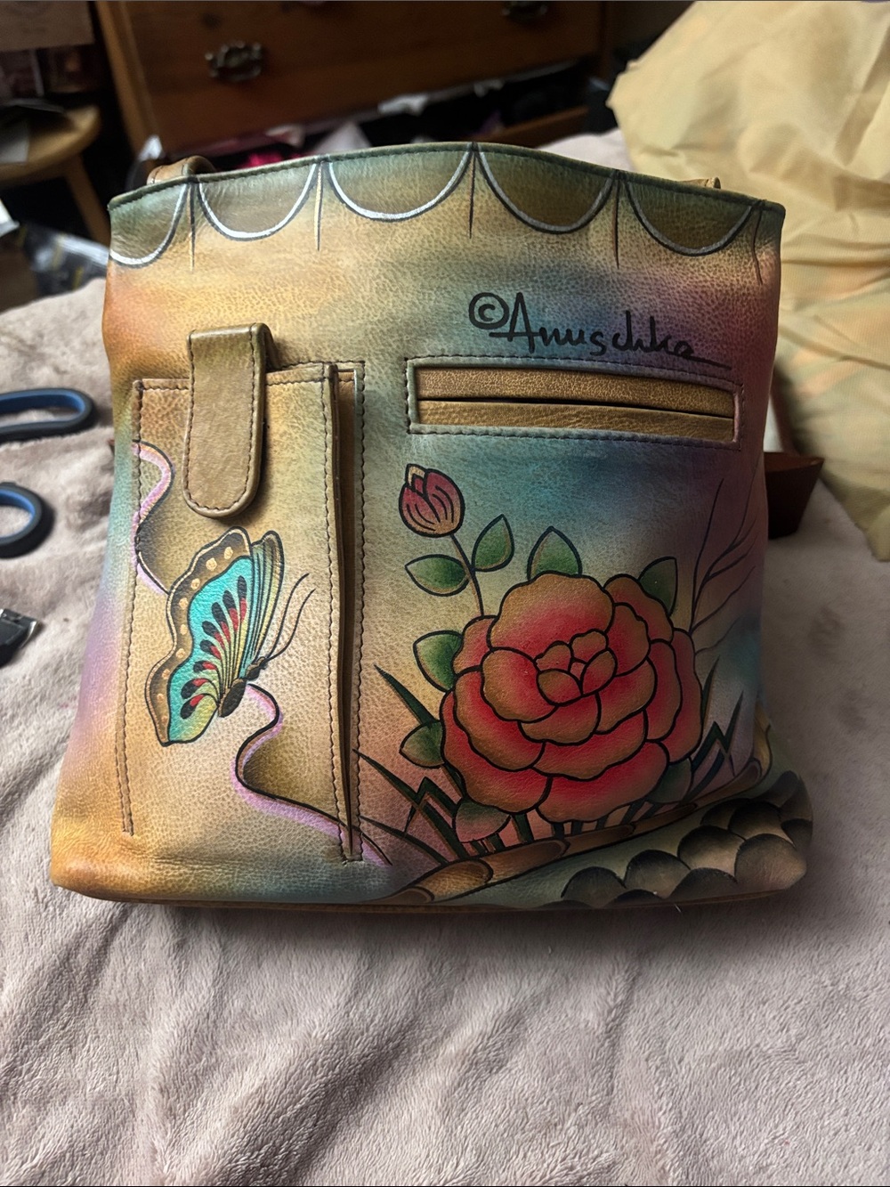 Anuschka Hand Painted Leather Triple Zip Travel Crossbody Bag Butterfly Floral